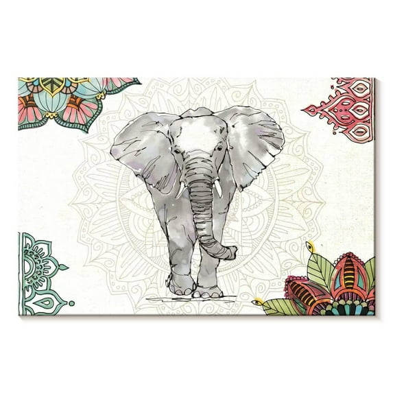 Elephant Stock Mandala Morning I Wall Art - Horizontal Canvas Wall Art - Living Room Wall Decor - Animal Canvas - Pink And Orange Decor By Anne Tavoletti - 36" x 24"