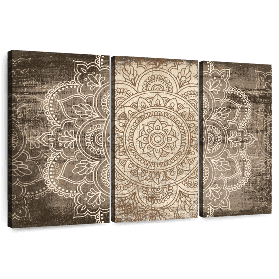 Elephant Stock Mandala On Wood Wall Art - Horizontal Multi Panel Canvas - Living Room Wall Decor - Decor Elements Multi Panel - Beige And Gray Decor - 65" x 42"