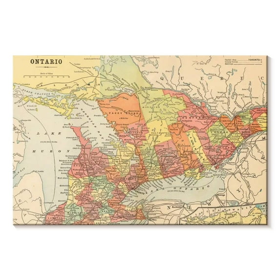 Elephant Stock Map Of Ontario Wall Art - Horizontal Canvas Wall Art - Living Room Wall Decor - Map Canvas - Beige And Gray Decor By Wild Apple Portfolio - 39" x 26"