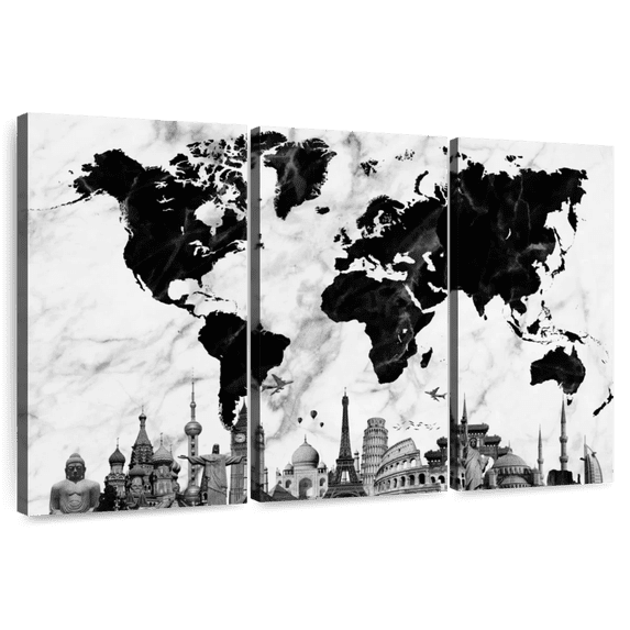 Elephant Stock Marble World Map Wall Art - Horizontal Multi Panel Canvas - Living Room Wall Decor - Map Multi Panel - Black And Gray Decor - 45" x 28"
