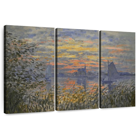 Elephant Stock Marine View With A Sunset Wall Art - Horizontal Multi Panel Canvas - Living Room Wall Decor - Beach Multi Panel - Blue And Green Decor By Claude Monet - 65" x 42"