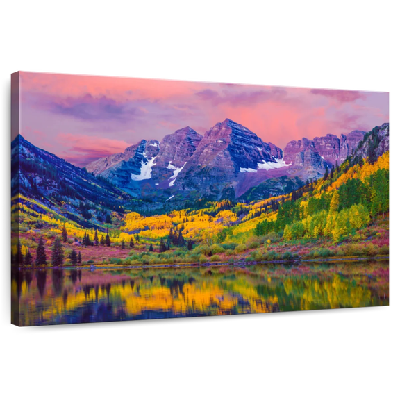 Elephant Stock Maroon Bells Autumn Beauty Wall Art - Horizontal Canvas Wall Art - Living Room Wall Decor - Nature Canvas - Blue And Yellow Decor - 51" x 34"