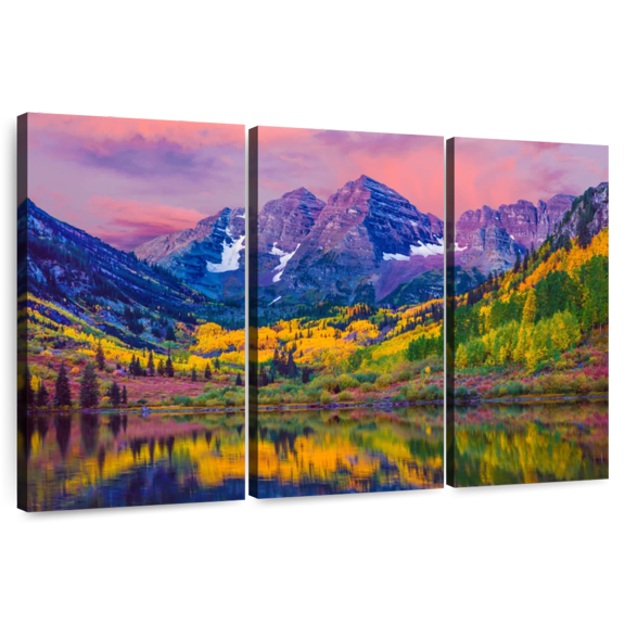 Elephant Stock Maroon Bells Autumn Beauty Wall Art - Horizontal Multi Panel Canvas - Living Room Wall Decor - Nature Multi Panel - Blue And Yellow Decor - 65" x 42"