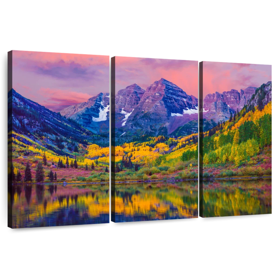 Elephant Stock Maroon Bells Autumn Beauty Wall Art - Horizontal Multi Panel Canvas - Living Room Wall Decor - Nature Multi Panel - Blue And Yellow Decor - 74" x 48"