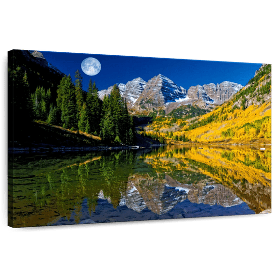 Elephant Stock Maroon Bells Full Moon Wall Art - Horizontal Canvas Wall Art - Living Room Wall Decor - Nature Canvas - Black And Blue Decor - 51" x 34"