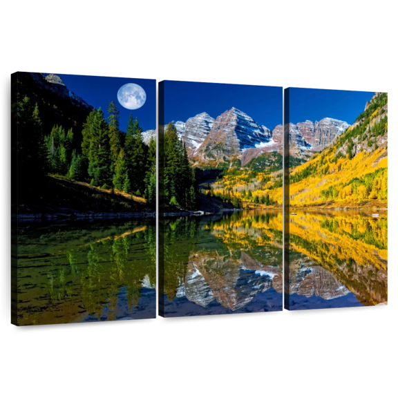 Elephant Stock Maroon Bells Full Moon Wall Art - Horizontal Multi Panel Canvas - Living Room Wall Decor - Nature Multi Panel - Black And Blue Decor - 45" x 28"