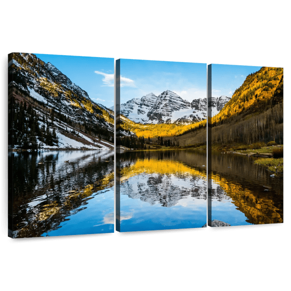 Elephant Stock Maroon Bells Mountain Scene Wall Art - Horizontal Multi Panel Canvas - Living Room Wall Decor - Nature Multi Panel - Brown And Blue Decor - 45" x 28"