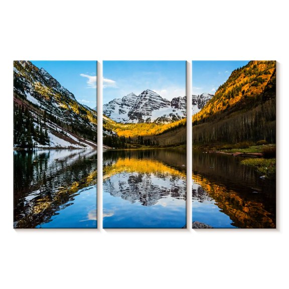 Elephant Stock Maroon Bells Mountain Scene Wall Art - Horizontal Multi Panel Canvas - Living Room Wall Decor - Nature Multi Panel - Brown And Blue Decor - 74" x 48"