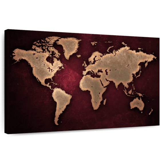 Elephant Stock Maroon World Map Wall Art - Horizontal Canvas Wall Art - Living Room Wall Decor - Map Canvas - Black And Red Decor - 24" x 16"