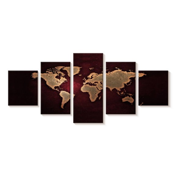 Elephant Stock Maroon World Map Wall Art - Horizontal Multi Panel Canvas - Living Room Wall Decor - Map Multi Panel - Black And Red Decor - 55" x 24"