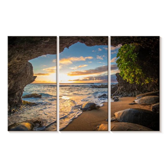 Elephant Stock Maui Cave Turtle Wall Art - Horizontal Multi Panel Canvas - Living Room Wall Decor - Beach Multi Panel - Gray And Brown Decor - 33" x 20"