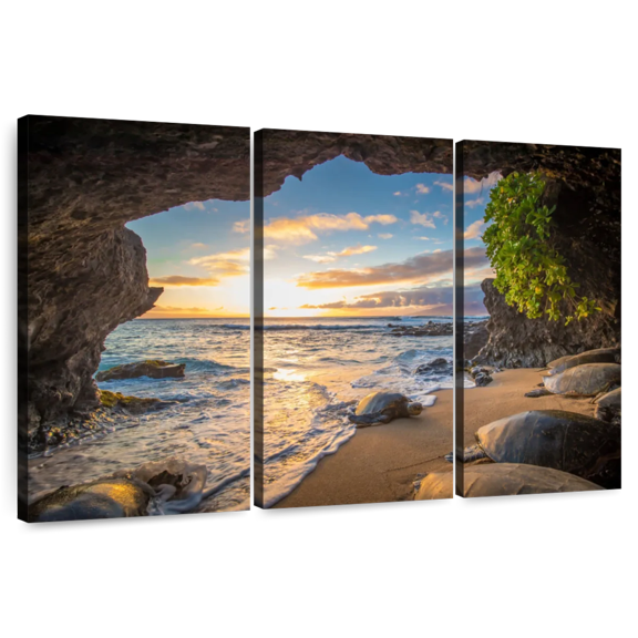 Elephant Stock Maui Cave Turtle Wall Art - Horizontal Multi Panel Canvas - Living Room Wall Decor - Beach Multi Panel - Gray And Brown Decor - 33" x 20"