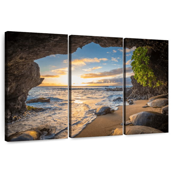 Elephant Stock Maui Cave Turtle Wall Art - Horizontal Multi Panel Canvas - Living Room Wall Decor - Beach Multi Panel - Gray And Brown Decor - 45" x 28"