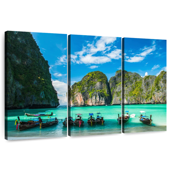Elephant Stock Maya Bay Ko Phi Phi Wall Art - Horizontal Multi Panel Canvas - Lobby Wall Decor - Beach Multi Panel - Blue And Gray Decor - 74" x 48"
