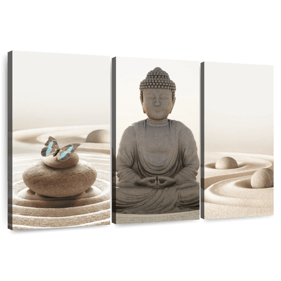 Elephant Stock Meditating Zen Buddha Wall Art - Horizontal Multi Panel Canvas - Living Room Wall Decor - Wellness Multi Panel - Beige And Gray Decor - 33" x 20"