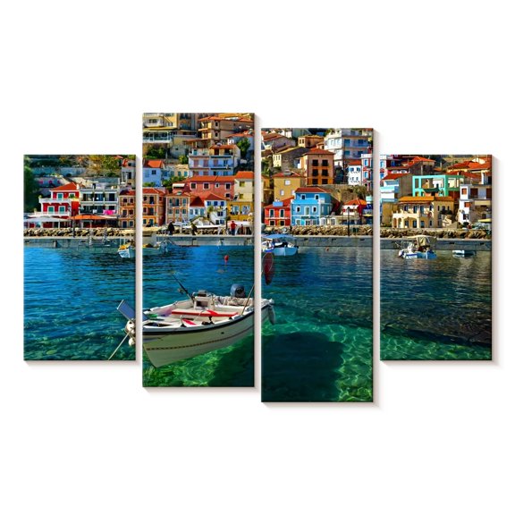 Elephant Stock Menorca Beach Town Wall Art - Horizontal Multi Panel Canvas - Living Room Wall Decor - Beach Multi Panel - Teal And Blue Decor - 68" x 42"
