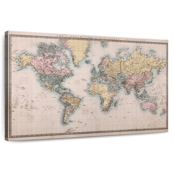 Elephant Stock Mercator Projection World Map Wall Art - Horizontal Canvas Wall Art - Living Room Wall Decor - Map Canvas - Beige And Gray Decor - 12" x 8"