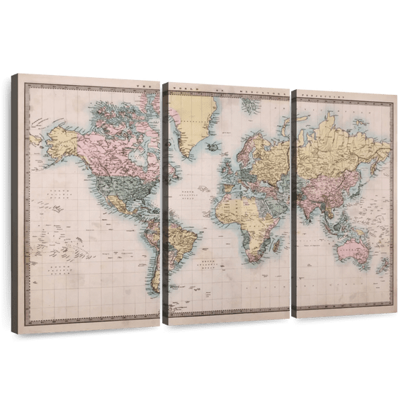 Elephant Stock Mercator Projection World Map Wall Art - Horizontal Multi Panel Canvas - Living Room Wall Decor - Map Multi Panel - Beige And Gray Decor - 74" x 48"