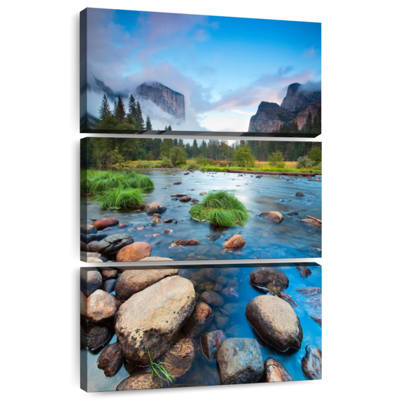 Elephant Stock Merced Riverside Wall Art - Vertical Multi Panel Canvas - Living Room Wall Decor - Nature Multi Panel - Gray And Blue Decor - 42" x 65"