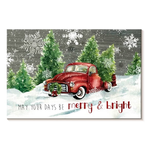 Elephant Stock Merry And Bright Christmas Truck Wall Art - Horizontal Canvas Wall Art - Hallway Wall Decor - Holiday Canvas - Beige And Gray Decor By Carol Robinson - 12" x 8"