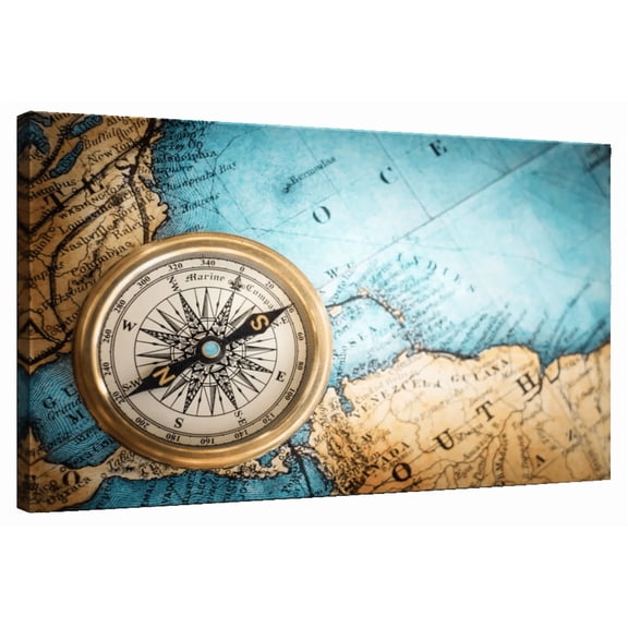 Elephant Stock Metal Compass Wall Art - Horizontal Canvas Wall Art - Living Room Wall Decor - Nautical Canvas - Blue And Gold Decor - 51" x 34"