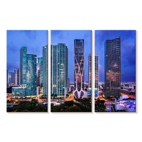 Elephant Stock Miami Downtown Skyline Aerial Wall Art - Horizontal Multi Panel Canvas - Living Room Wall Decor - City Multi Panel - Blue And Purple Decor By Susanne Kremer - 23" x 14"
