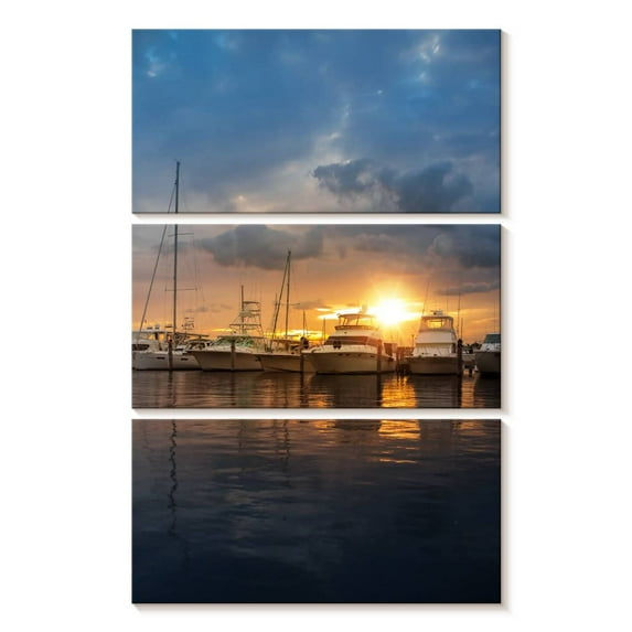 Elephant Stock Miami Marina At Sunset Wall Art - Vertical Multi Panel Canvas - Living Room Wall Decor - Nautical Multi Panel - Gray And Orange Decor - 14" x 23"