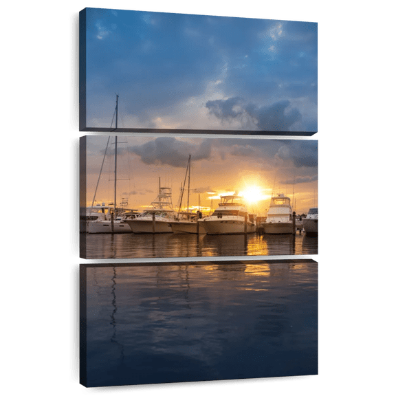 Elephant Stock Miami Marina At Sunset Wall Art - Vertical Multi Panel Canvas - Living Room Wall Decor - Nautical Multi Panel - Gray And Orange Decor - 20" x 32"