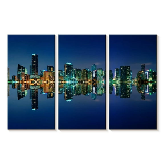 Elephant Stock Miami Night Skyline Wall Art - Horizontal Multi Panel Canvas - Living Room Wall Decor - Places Multi Panel - Beige And Blue Decor - 23" x 14"