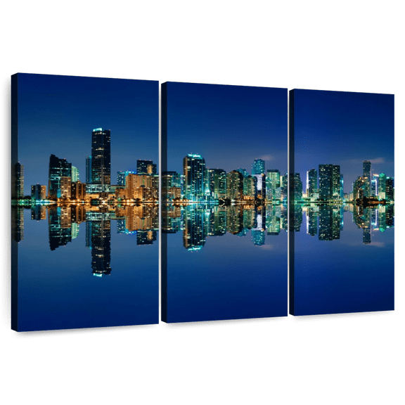 Elephant Stock Miami Night Skyline Wall Art - Horizontal Multi Panel Canvas - Living Room Wall Decor - Places Multi Panel - Beige And Blue Decor - 74" x 48"