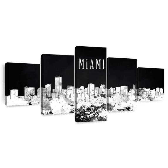 Elephant Stock Miami Skyline Bw Wall Art - Horizontal Multi Panel Canvas - Living Room Wall Decor - City Multi Panel - Black And Gray Decor - 80" x 36"