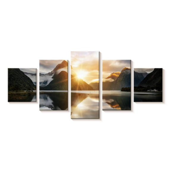 Elephant Stock Milford Sound Mountain Sunrise Wall Art - Horizontal Multi Panel Canvas - Living Room Wall Decor - Nature Multi Panel - Brown And Orange Decor - 55" x 24"