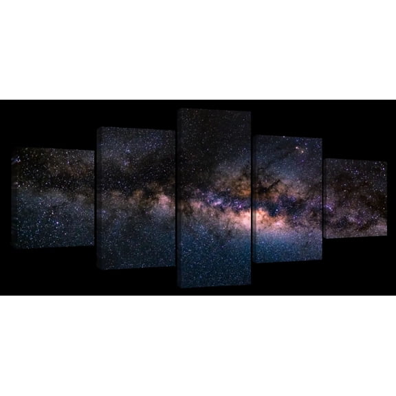 Elephant Stock Milky Way System Wall Art - Horizontal Multi Panel Canvas - 5 Pieceliving Room Wall Decor - Photography Astronomy & Space Multi Panel - Black And Orange Decor - 55" x 24"