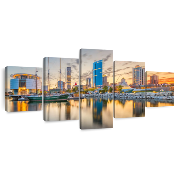 Elephant Stock Milwaukee Downtown Wall Art - Horizontal Multi Panel Canvas - Living Room Wall Decor - Places Multi Panel - Gray And Orange Decor - 80" x 36"