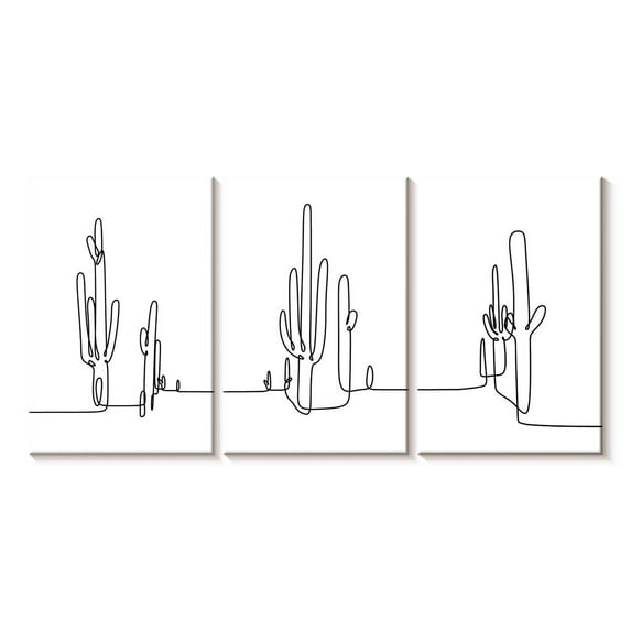 Elephant Stock Minimalist Line Cactus Wall Art - Horizontal Multi Panel Canvas - Living Room Wall Decor - Floral And Botanical Multi Panel - White And Black Decor - 62" x 30"