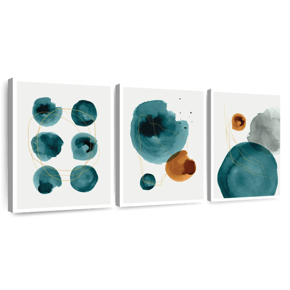 Elephant Stock Minimalist Teal Blots Wall Art - Horizontal Multi Panel Canvas - Living Room Wall Decor - Abstract Multi Panel - Teal And Gray Decor - 26" x 12"