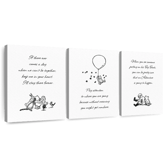 Elephant Stock Minimalist Winnie The Pooh Quotes Wall Art - Horizontal Multi Panel Canvas - Living Room Wall Decor - Kids And Nursery Multi Panel - Black And White Decor - 26" x 12"