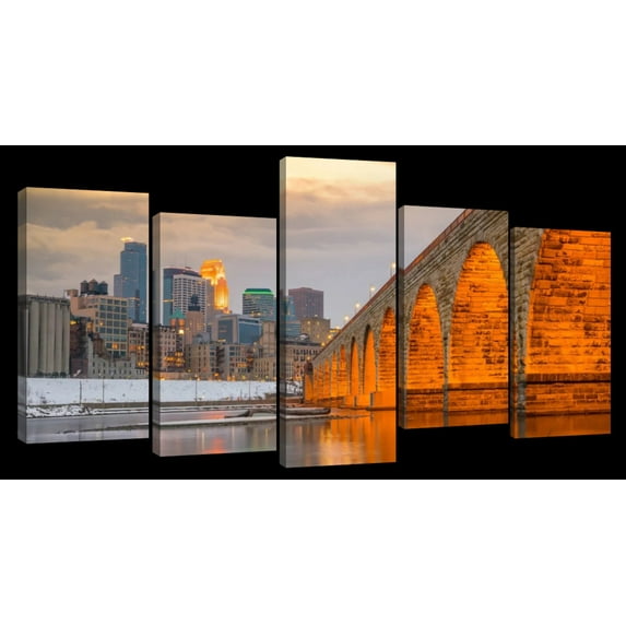 Elephant Stock Minneapolis Stone Arch Bridge Wall Art - Horizontal Multi Panel Canvas - 5 Pieceliving Room Wall Decor - Photography Places Multi Panel - Gray And Beige Decor - 49" x 24"