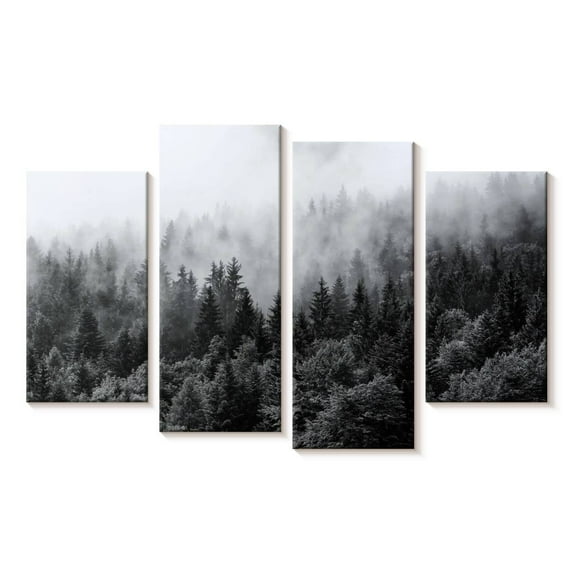 Elephant Stock Misty Pine Tree Forest Wall Art - Horizontal Multi Panel Canvas - Living Room Wall Decor - Nature Multi Panel - Gray And Black Decor - 24" x 14"