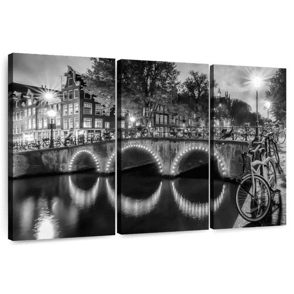 Elephant Stock Modern View Amsterdam Wall Art - Horizontal Multi Panel Canvas - Living Room Wall Decor - Places Multi Panel - Gray And Black Decor By Melanie Viola - 33" x 20"
