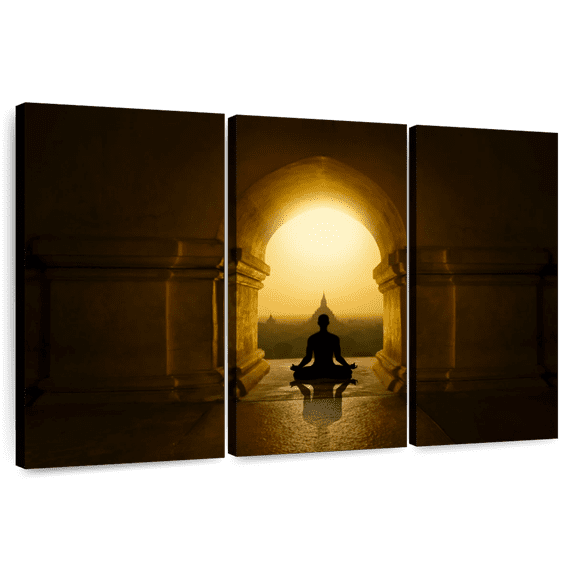 Elephant Stock Monk Meditating In Temple Wall Art - Horizontal Multi Panel Canvas - Living Room Wall Decor - Wellness Multi Panel - Black And Gold Decor - 50" x 32"