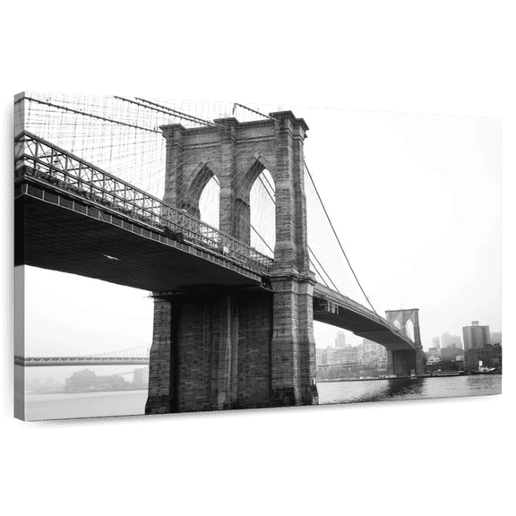 Elephant Stock Monochromatic Brooklyn Bridge Wall Art - Horizontal Canvas Wall Art - Living Room Wall Decor - Architecture Canvas - White And Black Decor - 24" x 16"