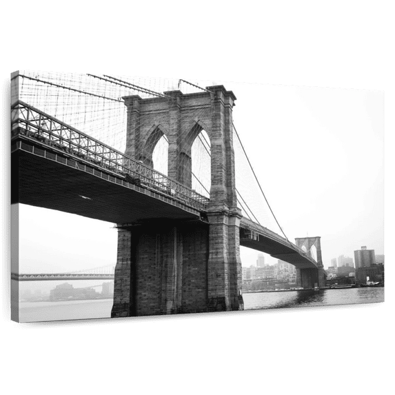 Elephant Stock Monochromatic Brooklyn Bridge Wall Art - Horizontal Canvas Wall Art - Living Room Wall Decor - Architecture Canvas - White And Black Decor - 36" x 24"