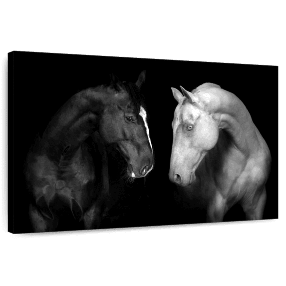 Elephant Stock Monochromatic Horses Wall Art - Horizontal Canvas Wall Art - Living Room Wall Decor - Animal Canvas - Black And Gray Decor - 24" x 16"