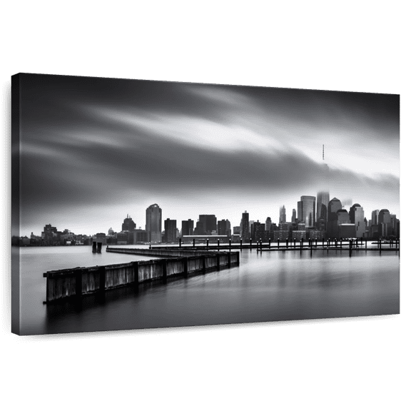 Elephant Stock Monochromatic Manhattan Wall Art - Horizontal Canvas Wall Art - Living Room Wall Decor - Places Canvas - Gray And Black Decor - 24" x 16"