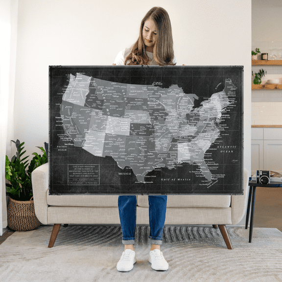 Elephant Stock Monochromatic Push Pin Usa Map Wall Art - Map Canvas Art - 51" x 34"