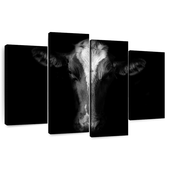 Elephant Stock Monochrome Cow Face Wall Art - Horizontal Multi Panel Canvas - Living Room Wall Decor - Animal Multi Panel - Black And White Decor - 68" x 42"