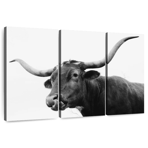 Elephant Stock Monochrome Longhorn Wall Art - Horizontal Multi Panel Canvas - 3 Pieceliving Room Wall Decor - Photography Animal Multi Panel - Black And Gray Decor - 45" x 28"