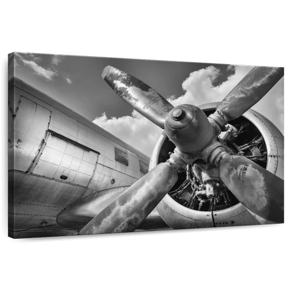 Elephant Stock Monochrome Propeller Plane Wall Art - Horizontal Canvas Wall Art - Living Room Wall Decor - Transportation Canvas - Gray And Silver Decor - 39" x 26"
