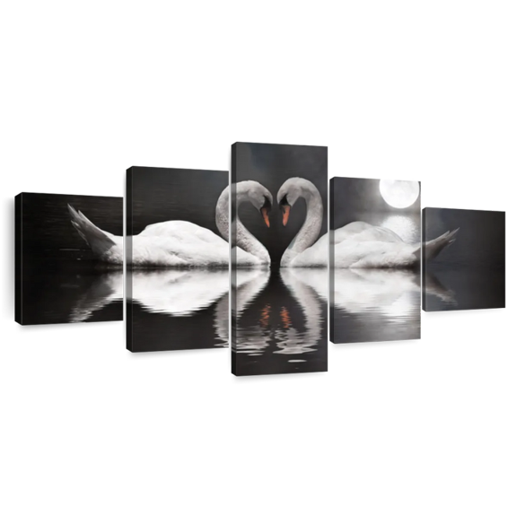 Elephant Stock Monochrome Swan Lovers Wall Art - Horizontal Multi Panel Canvas - 5 Pieceliving Room Wall Decor - Photography Love Multi Panel - Gray And White Decor - 55" x 24"